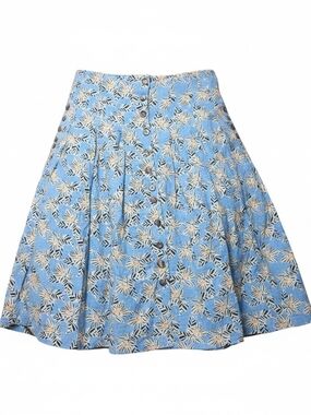 MODCLOTH | Blue Floral Cotton Pleated A-Line Skirt Button Front Pockets | 12